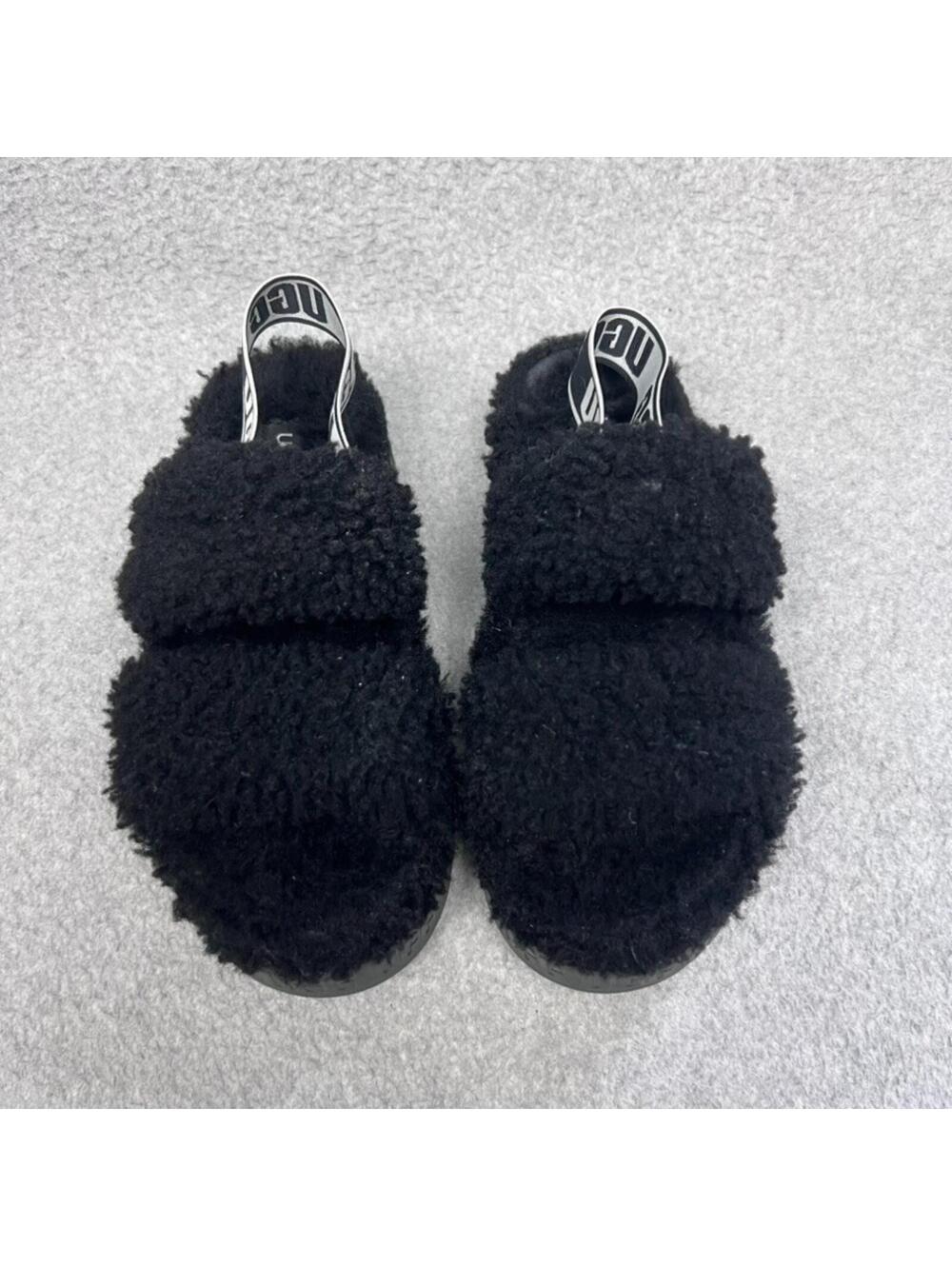 UGG Oh Fluffita 7 Black Sheepskin Platform Slingback Slide Sandals Slipper Cozy